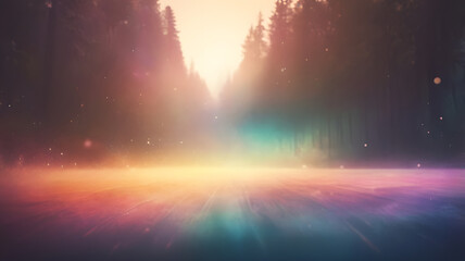 Mystical Forest Light: A captivating image of a forest bathed in an ethereal and multicolored light show, creating a dreamlike atmosphere.