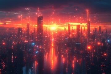 Fototapeta premium Futuristic city skyline at sunset, glowing with red lights reflecting on water.