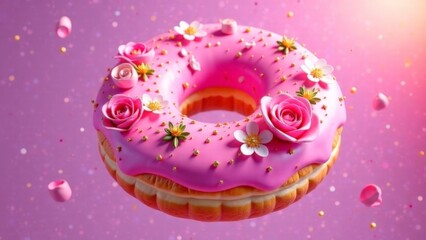A pink donut with gold flowers and gold sprinkles. The donut is in the air and has a light pink color