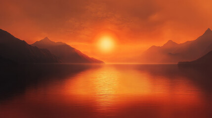 Fototapeta premium ruby sunset casting warm glow over tranquil lake and mountains