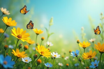 Wildflowers dance in the gentle morning breeze, butterflies, yellow, blue