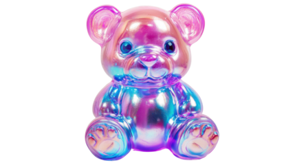 A charming plastic bear toy in iridescent pink and blue hues, with metallic reflective accents on its eyes and muzzle, isolated on white.