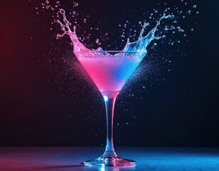 Vibrant neon martini splash photo. Pink, blue cocktail drink in glass with water droplets. Modern graphic design composition. Energy, movement. Party, celebration, nightlife, bar, club, alcohol ad.