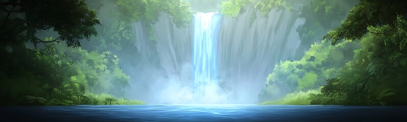 A vibrant cartoon-style illustration of a glowing blue waterfall in a lush fantasy landscape.