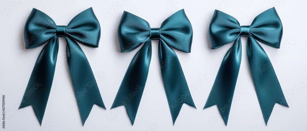 Poster three teal bows arranged in a row against a white background. the bows are made of a textured fabric