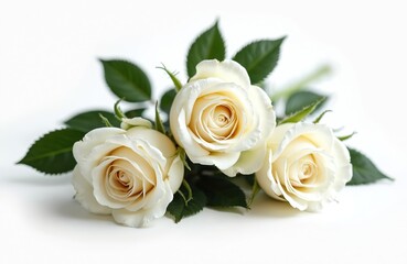 Close-up of three ivory roses with green leaves on clean white background. Elegant petals symbolize purity, grace. Floral composition perfect for bridal designs, romantic themes.