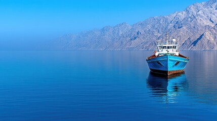 Fototapeta premium A serene view of a small fishing boat on a calm, clear, azure ocean. The boat is positioned in the center of the water, mirroring the distant