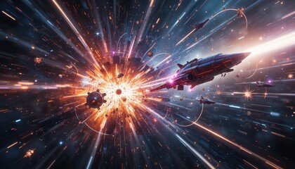 Obraz premium Dynamic Cosmic Explosion with Spaceship and Stellar Elements