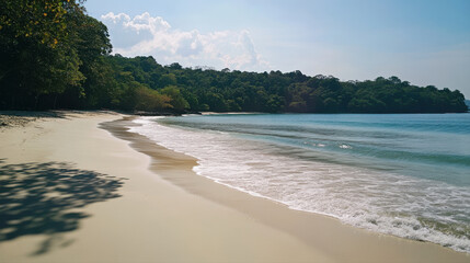 secluded beach with soft white sand and gentle waves, surrounded by lush greenery