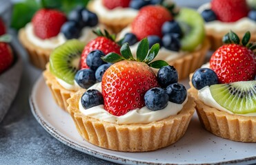 Tarts with fruit and cream on a white plate