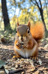 Obraz premium Squirrel Eating Sunflower Seeds on the Ground in Spring or Autumn