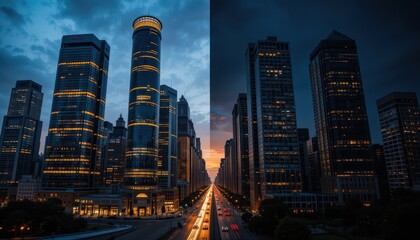 Fototapeta premium Nighttime City Skyline with Illuminated Skyscrapers and Roads