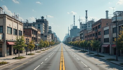 Fototapeta premium Urban Landscape with Empty Road and Industrial Background in Daylight