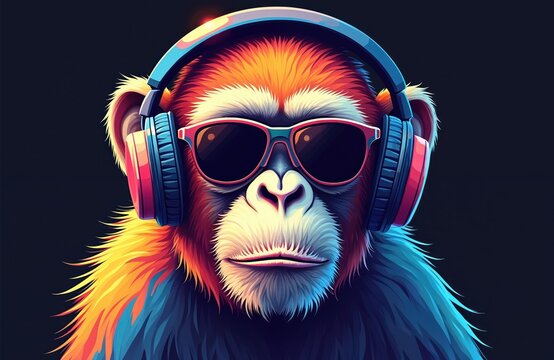 Illustration of cool monkey with headphones, sunglasses in pop art style. Colorful ape listens to music. Cheerful funky chimpanzee character, hipster animal. Modern design, vibrant colors, artistic