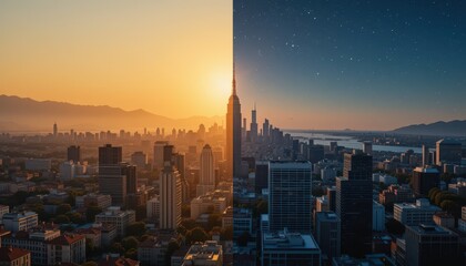 Obraz premium Sunrise and Twilight Cityscape Split View with Skyscrapers and Stars