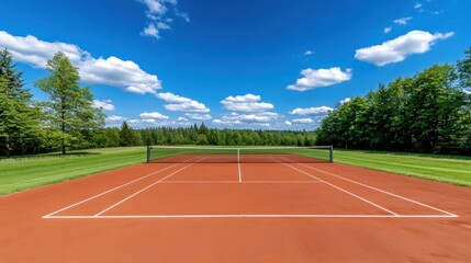 Fototapeta premium A tennis court with clay surface under a bright blue sky dotted with fluffy white clouds, lush green trees lining the perimeter creating a vibrant