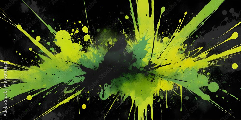 Poster Abstract Splatter: A dynamic display of vibrant green and yellow paint splatters explodes across a stark background, creating a visually striking and energetic composition.