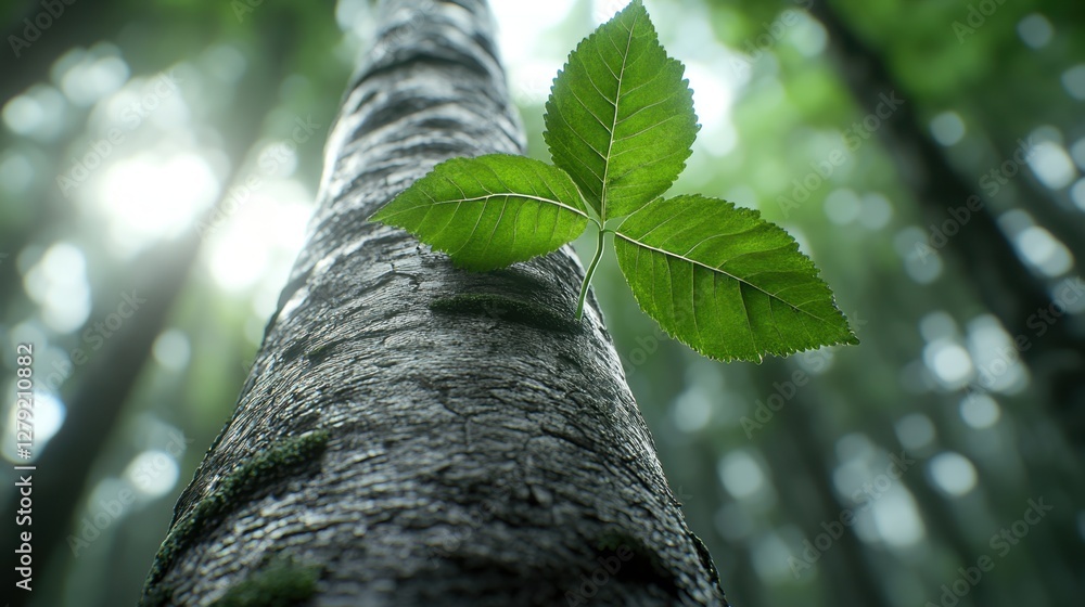 Poster low angle view of a vibrant green leaf on a tree trunk in a sunlit forest. soft light filters throug