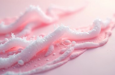 Fototapeta premium White bubble foam texture on pink surface. Cosmetic cleanser close-up. Abstract background, soft light and shadows. Shampoo, shower gel or soap suds on skin, body care treatment.