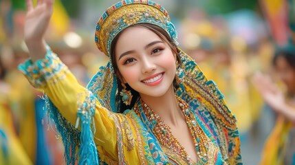 Fototapeta premium Beautiful young woman in vibrant yellow and teal traditional Vietnamese Ao Dai, smiling and waving at a festival.