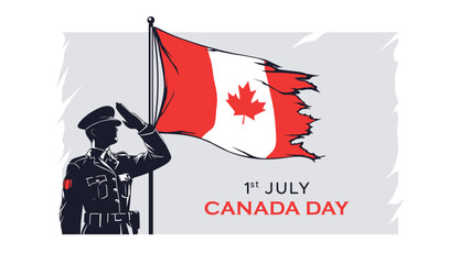vector illustration of a soldier silhouette saluting and the Canadian flag waving. This design is a celebration of Canada's national holiday. July 1, Canada Day.