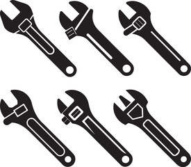 Set of Adjustable Wrench silhouette, black and white silhouette, vector and illustration