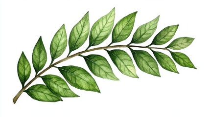 Naklejka premium Watercolor painting of a green leaf branch on white background. The branch features multiple ovate leaves, varying slightly in shade and size. The