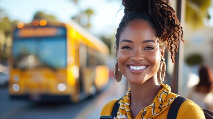 Smiling young woman waits at bus stop while checking smartphone for schedule