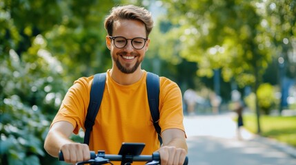 Joyful moments in spring park while riding an e-scooter