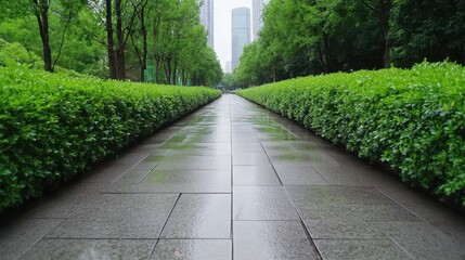 Fototapeta premium Wet stone pathway lined with lush green hedges after rain, modern city buildings in background. Tranquil, serene atmosphere. Rainy day scene