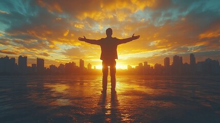 Silhouette of a man in a suit with arms outstretched against a vibrant sunset skyline