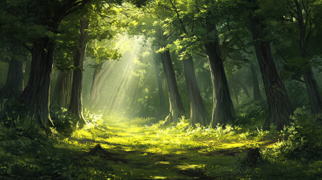 serene old growth forest with towering trees and dappled sunlight filtering through leaves creates peaceful atmosphere