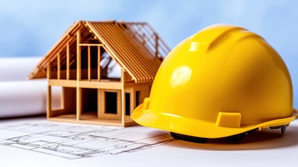 Close up view of a yellow hard hat resting on architectural plans alongside a small wooden house model. The scene suggests home construction or