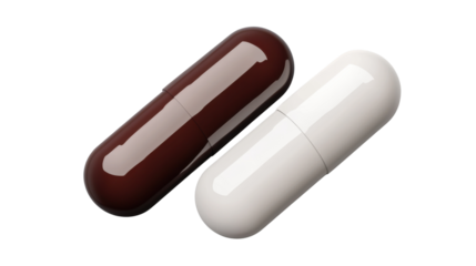A two-tone pill, one half dark brown and the other half white, isolated on a transparent background.