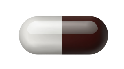A two-tone pill, one half dark brown and the other half white, isolated on a transparent background.