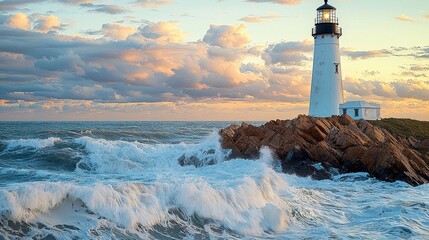Obraz premium Waves crashing against lighthouse at sunset coastal landscape nature photography serene ocean view