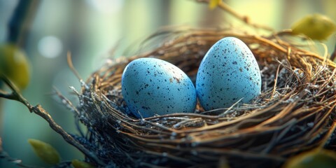 Fototapeta premium Two speckled blue eggs resting quietly in a nest surrounded by soft leaves during early morning light