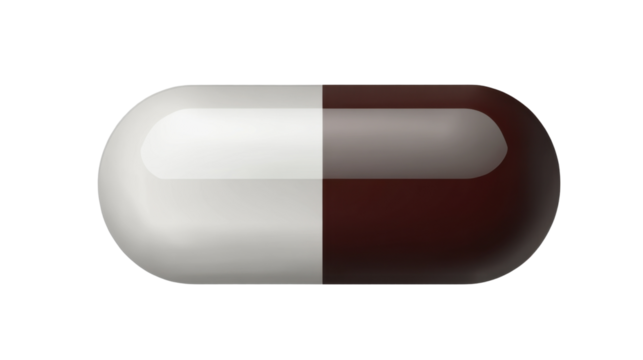 A two-tone pill, one half dark brown and the other half white, isolated on a transparent background.