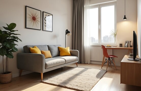 Small apartment interior with home office setup featuring comfy sofa, desk near window. Modern living room design, indoor plant, natural light, wooden floor. Cozy space, perfect for freelancer remote