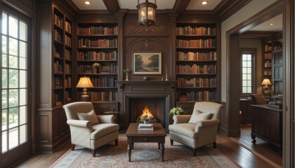 Cozy Library with Elegant Armchairs and a Warm Fireplace