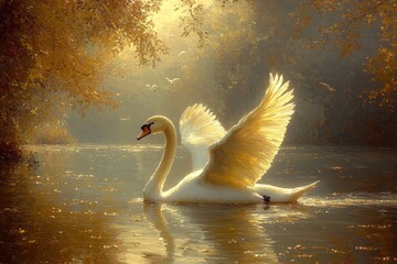 Swan gliding gracefully on tranquil lake at sunset nature photography serene environment artistic view