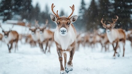 Reindeer roam freely on a winter day in the enchanting Lapland landscape