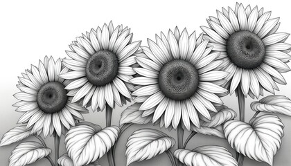 Line art illustration of sunflowers in garden. Group of detailed flowers intricate patterns, structures of petals, surrounding leaves. 20th century style artistic drawing on white background.