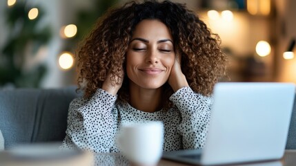 Relaxed woman enjoys the aroma of decaffeinated coffee at night