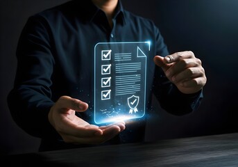 Businessman checking steps through document with a list of checkboxes, practices, regulation and policies ,Terms and conditions ,Examination of ethical rules ,Evaluate quality and efficiency, corporat