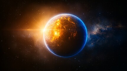 Obraz premium A vibrant view of a glowing planet surrounded by stars and cosmic elements.