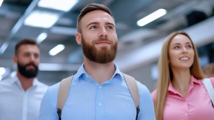 Three young professionals, a man with a beard and two women, walk together in a modern office building. They appear happy and confident, looking