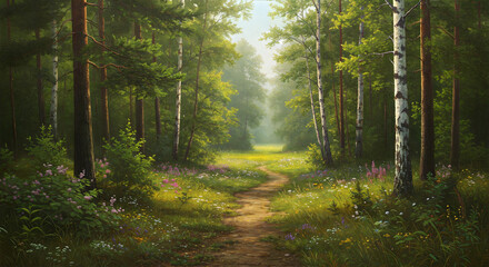 Fototapeta premium he painting realistically depicts a summer forest with a pathway leading to a sunlit glade surrounded by tall trees.