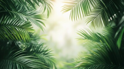 Lush Green Palm Fronds Create a Tranquil Pathway in a Tropical Rainforest During Early Morning Light in Nature's Paradise