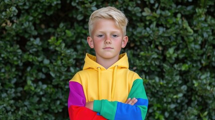 Youth in colorful hoodie, serious expression, green bush backdrop. Possible use Stock photo for children's fashion, lifestyle, or emotion